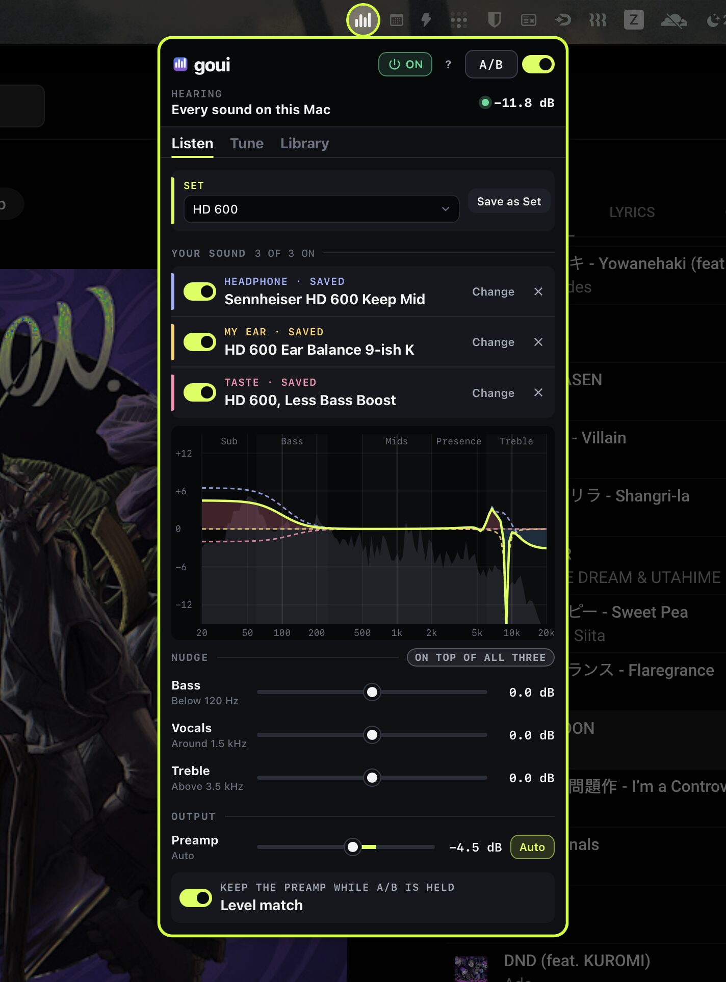 The goui panel open under its menu bar item, over YouTube Music, with a Set picked, the Sennheiser HD 600 curve and the live spectrum.