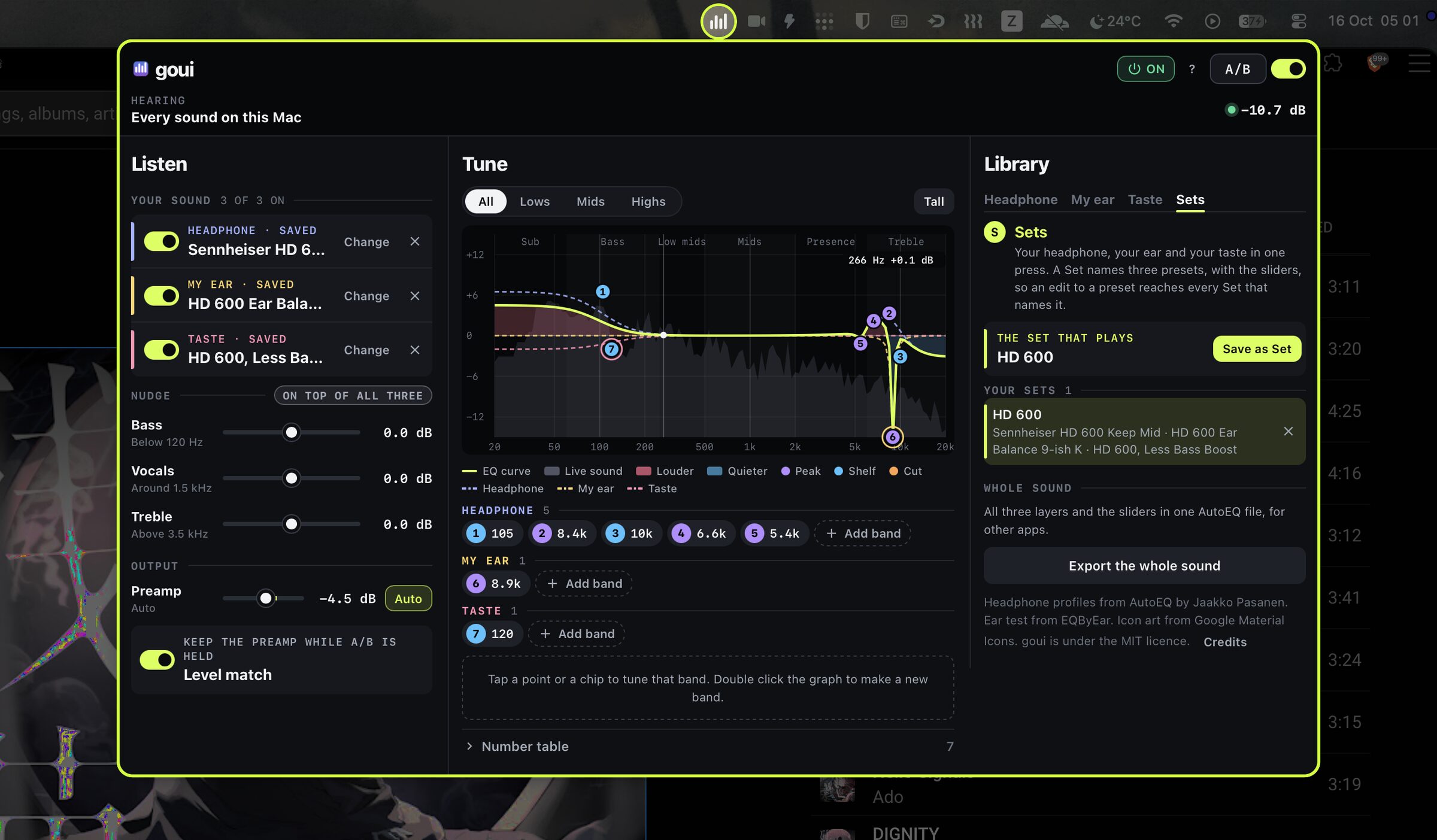 The wide goui panel under its menu bar item, with Listen, Tune and Library in three columns and the Sets tab open.
